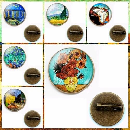 Vintage Art Renaissance Brooch Character Van Gogh Star Night Oil Painting Sunflower Man Woman Accessories Gift Souvenir