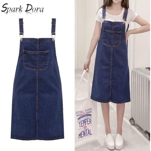 SparkDora Jeans Skirt Plus Size Skirts For Women Summer High Waist Midi Denim Skirt Straps Skirts With Pockets Female 2020 S-5XL