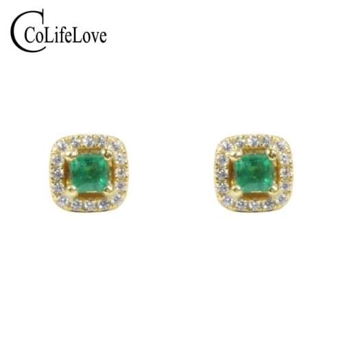 CoLife Jewelry Classic Emerald Stud Earrings for Office Woman 2.8mm Natural Emerald Earrings 925 Silver Emerald Jewelry