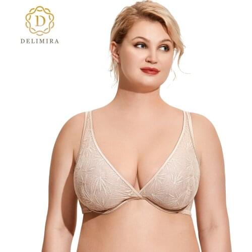 Womens Floral Lace Bra Plus Size Unlined Underwire Sexy Sheer Plunge