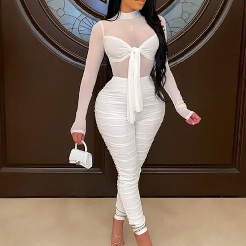 Wsevypo Sexy Women Mesh Sheer Skinny Jumpsuit Autumn Bow Tie Front Stacked Ruched Long Rompers Solid Color Long Sleeve Jumpsuit