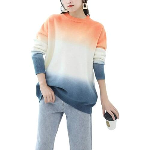 Hirigin New Female Knitwear Sweater Wear Sweatshirt Gradient Color Round Neck Long Sleeve Warm Tops Pullover for Spring Autumn