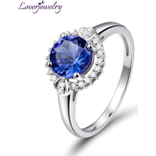 LOVERJEWELRY Tanzanite Ring Women 7mm Round Cut Tanzanite Diamonds Ring Real 18K White Gold Ring For Girl Party Dressing
