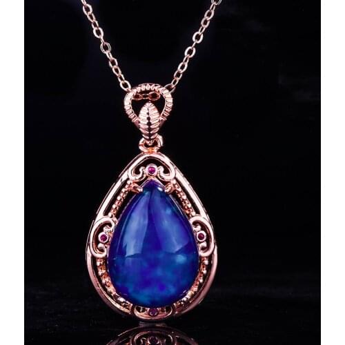 QTT Womens Rose Gold Chain Pendant Necklace Blue Water Drop Zircon Crystal Choker Luxury Temperament Elegant Retro Jewelry