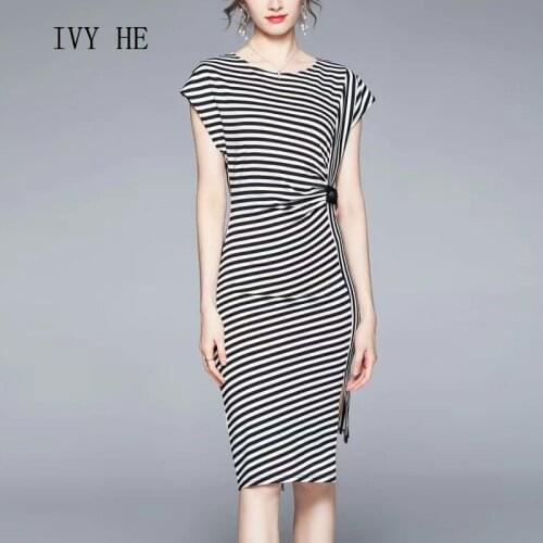 IVY HE European And American New Summer Womens Dress 2021 Striped Print Dress Round Neck Waist Length Short Sleeve Holiday
