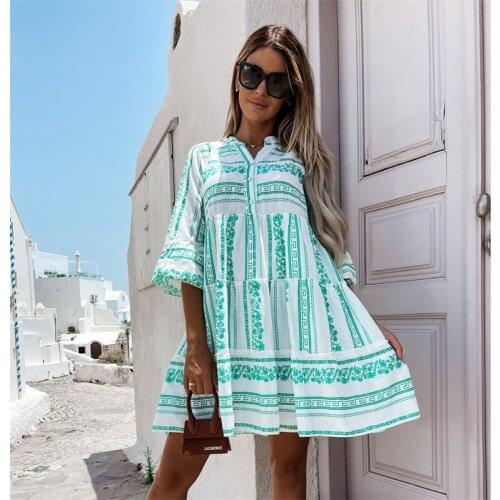 Womens Dress Spring and Autumn Three Quarter Sleeve V-neck Loose Waist Print Pullover Temperament Commuter Dress