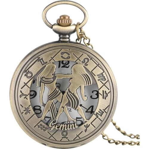 12 Constellations Gemini Men Quartz Bronze Pocket Watch Copper Half Hunter Women Fob Watches Necklace Chain Clock Gift 2020 New