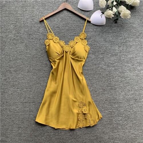2019 Autumn Imitate Real Silk Sexy Nightgown Woman Sweet Nightdress With Chest Pad V Lead Sleepwear