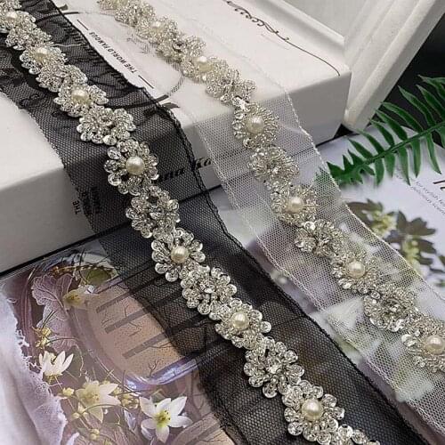 2Yds Beaded Chain Silver Sequins Pearls Trimming Lace Ribbon Scrapbooking Applique Embellishment Sewing Patch For Wedding Dress