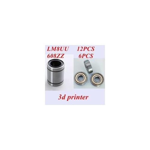 Free shipping 12pcs LM8UU 8mm linear bearing + 6pcs 608zz ball bearing for 3D printer parts