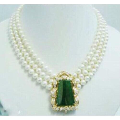 FREE SHIPPING>>>@@ > Hot sale new Style >>>>>Charm 3 Row White Pearl & Green stone Pendant Wedding Necklace