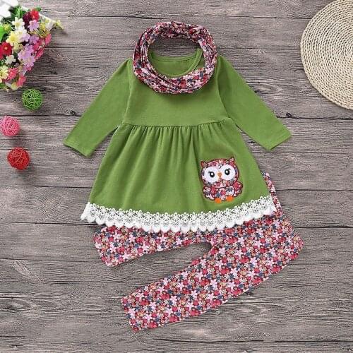 Children Kids Girls Cartoon Embroider Owl Dress+Floral Pants+Scarf Set Outfit All Outfits Clothes Baby Girls Clothing Suit Ropa