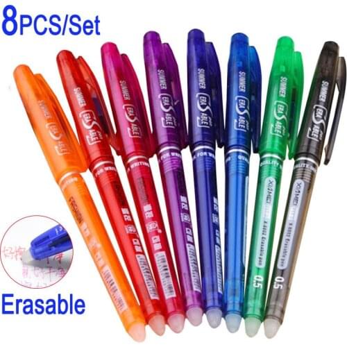 8Pcs/Set Erasable Gel Pen 0.5mm Bullet Tip Blue Black Ink Refill Rods 8 Color Avaliable Writing Drawing Painting Washable Handle