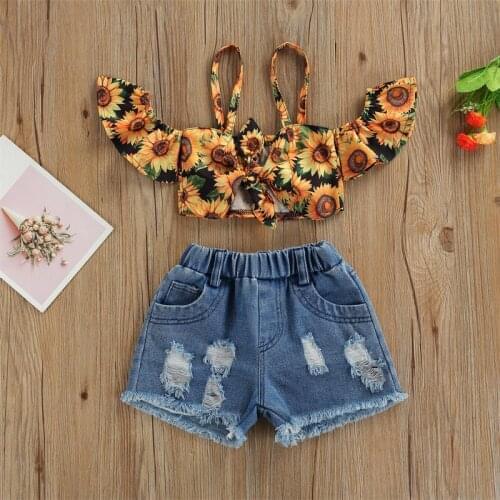 2 Piece Set Kids Summer Outfit Sunflower Print Strappy Off Shoulder Short Sleeves T-Shirt + Ripped Shorts for Girls, 1-7 Years