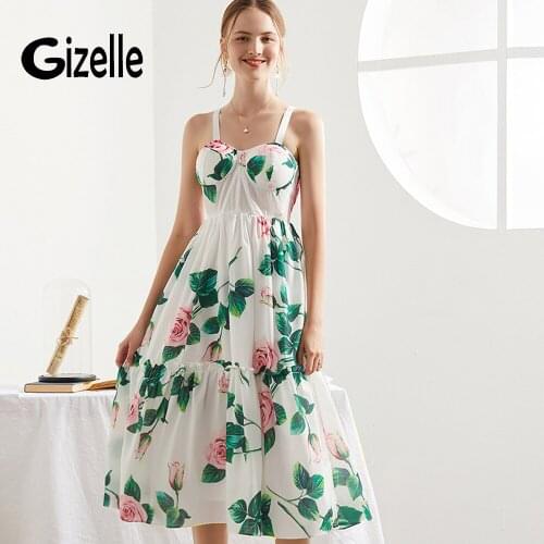 Gizelle Designer Fashion Rose Flower Printing Strap Summer A Line Dress with Padding Party Night Dresses Goblincore Prom Elbise