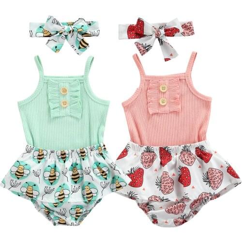 Summer 3 Pcs Newborn Summer Outfits, Baby Girls Solid Color Sleeveless Square Collar Romper + Printed Ruffle Shorts + Headband