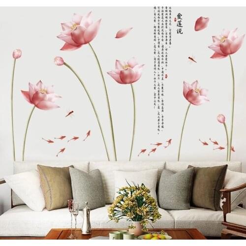 Chinese Style Lotus Wall Stickers Flower Vintage Room Decor Living Room Bedroom Home Office Decals Pegatinas De Pared 96x145cm