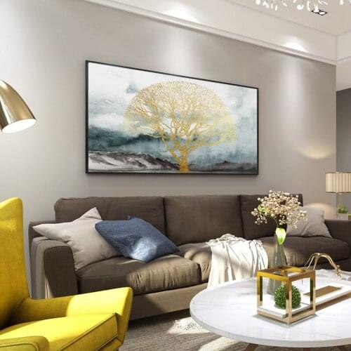 New Chinese Ink Landscape Canavs Painting Abstract Golden Tree Poster Modern Wall Art Pictures For Living Room Home Decoration
