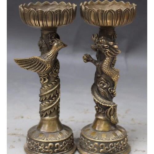 Zhmui88002841592++7" Old Chinese Folk Bronze Carving Dragon Phoenix Candlestick Holder Statue Pair