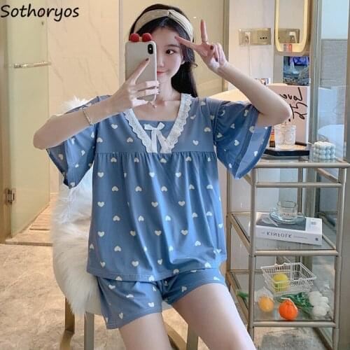 Pajama Sets Women Short Sleeve Cartoon Printed Ruffles Bow Kawaii Plaid Leisure Splice Teens Elastic Waist Sleepwear Comfortable