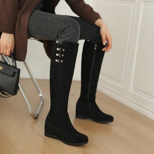 ZawsThia Faux Suede Round Toe Height Increase Hidden Heels Womens Winter Shoes Ethnic Fleece Lined Warm Knee High Riding Boots
