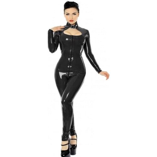 Sexy Wetlook PVC Catsuit Front Zipper Open Crotch Long Sleeve Bodysuit Faux Leather Jumpsuit Halloween Cosplay Plus Size Leotard