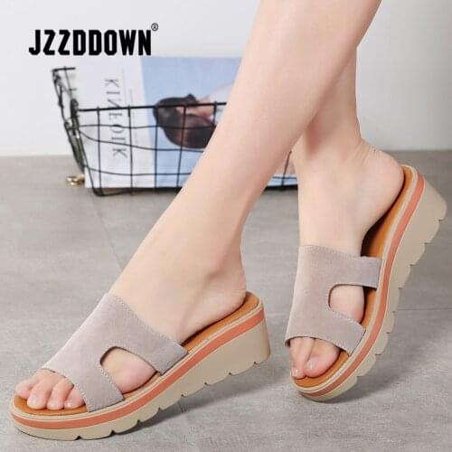 JZZDDOWN summer slippers women flat platform sandals shoes beach shoes slip-on round toe Genuine leather suede slides flip flops