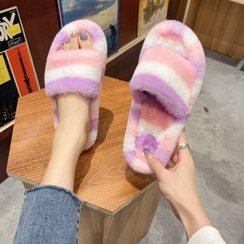 Winter Women House Slippers Faux Fur Fashion Warm Shoes Woman Slip on Flats Female Slides Black Pink Cozy Home Furry Slippers