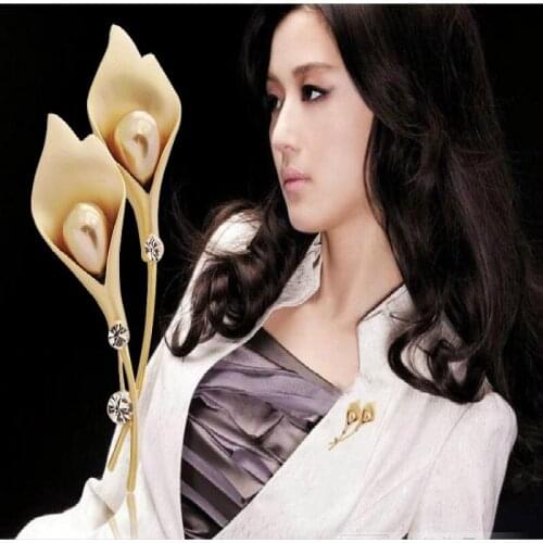 High Quality Tulip Flower Brooch Pin With 3 colors Simulated Pearl Rhinestone Crystal Costume Jewelry Brooches For Women