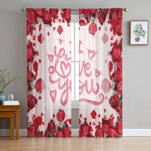 Red Rose Flower Love Window Treatment Tulle Modern Sheer Curtains for Kitchen Living Room the Bedroom Curtains Decoration