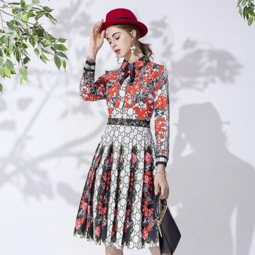 Ladies printing autumn Bow dress 2021 New High quality Spring Sexy shirt work Dress Full sleeve Sweet Women sexy party dresses
