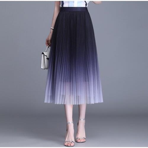 High-end Womens 2021 Summer New Mesh Skirt Summer High Waist Slim Mid-lengthY2k Pleated Skirt Long Skirt