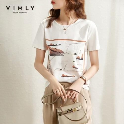VIMLY Womens Tshirts Chinese Style Printed Cotton Tops Summer Round Neck White Clothes Short Sleeve Loose Casual T Shirt F7261