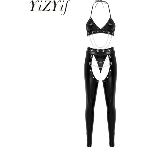 Womens Rave Bar Outfits Patent Leather Metal Chain Decor Halter Bra with Crotchless Pants G-string Clubwear for Pole Dancing