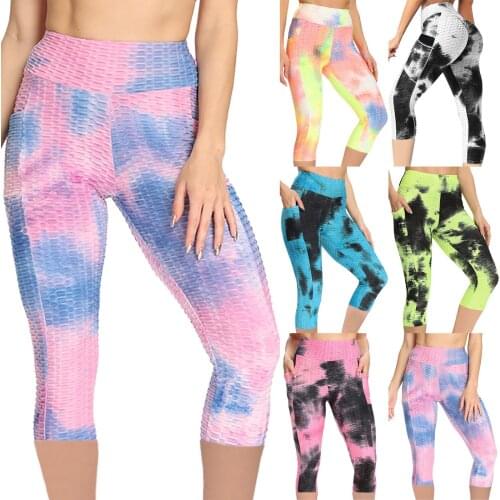Women Tie-dye Pocket High Waist Yoga Pants Jogger Workout Seamless Push Up Leggings Fitness Sports Running Cropped Trousers