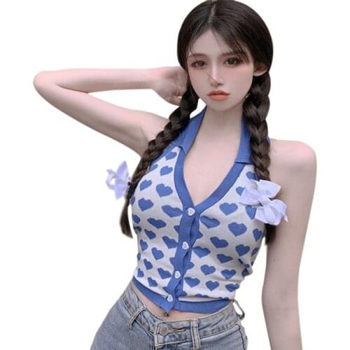 DAXIN Womens Love V Neck Camisole Summer Halter Lapel Slim Sexy Exposure Navel Knitting Tank Tops