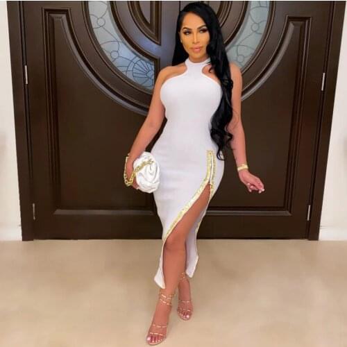 New Summer 2021 Women Sexy Designer Midi Split White Bandage Dress Ladies Celebrity Evening Bodycon Party Dress Vestido