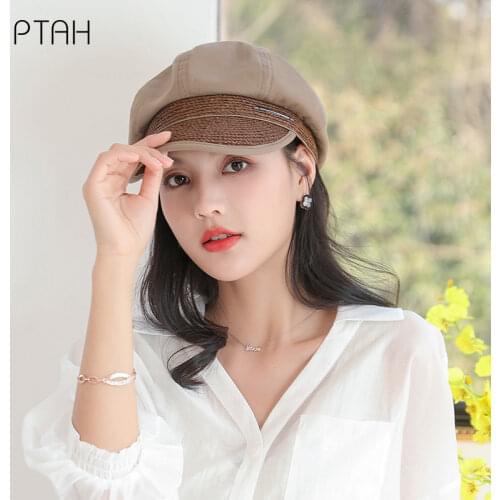 [PTAH] Summer Women Berets Hat Straw Cloth Beach Cap Breathable Comfortable Foldable Windproof Belt Visors Sun Protection Female