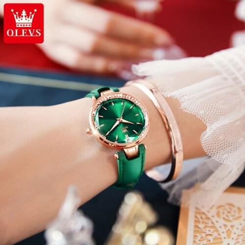 OLEVS Top Luxury Brand Forest Green Women Watches Leisure fashion Leather Quartz Ladies Diamond Dress watch Female Gift Relogio