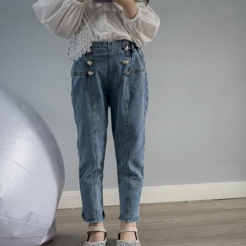 3-8 Y Baby Girls Jeans 2021 Spring Autumn New Kids Korean Casual Solid Denim Pants Fashion Buttons Elasticity Slim Girls Jeans