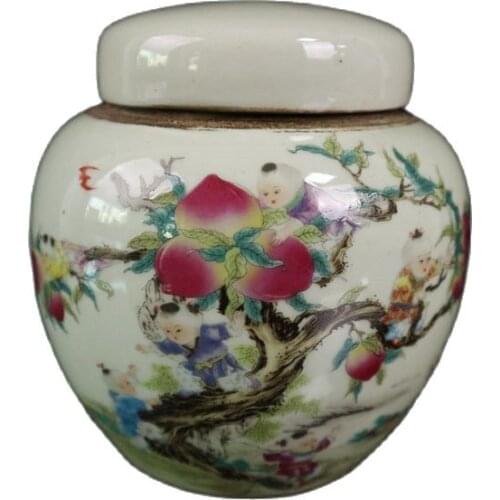 Chinese Old Porcelain Pastel Jiuzi Pantao Pattern Covered Jar