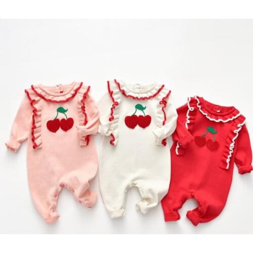 Baby Girl Jumpsuit Spring/Autumn Knitted 0-24M Girls Onesie Cherry Embroidery Ruffles Infant Baby Jumper White Newborns Rompers
