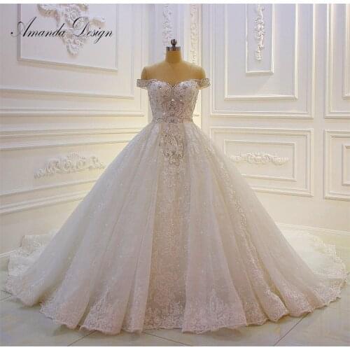 Amanda Design robe de mariee Off Shoulder Lace Appliqued Pearls White Wedding Dress