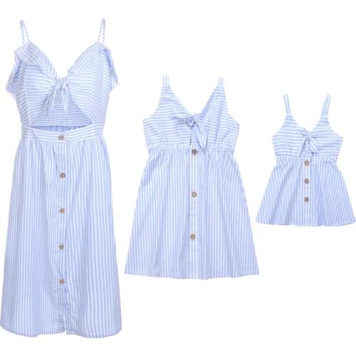 FOCUSNORM Mother-Daughter Summer Dress Stripes Printed Sleeveless V-Neck Button A-Line Matching Dress/Romper