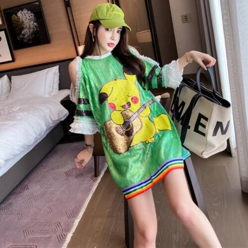 Summer Straight Anime Pattern Half Petal Sleeves O-neck High Street Loose One Size Fashion Women Sequined Dress 9970