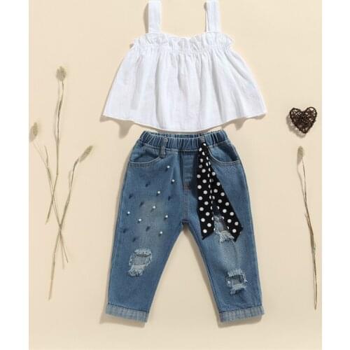 Summer 2 Pieces Kids Suit Set Fashion Solid Color Sleeveless Tops+ Ripped Jeans with Dots Strap for Toddler 2-7 Years