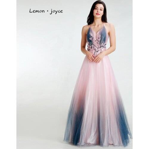 Lemon joyce Elegant Prom Dresses Long 2020 Sexy V-neck Girls Dresses for Party and Wedding Shiny Tulle Pink Evening Dress