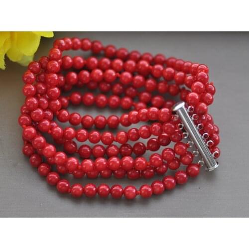 MCT·STAR Z10402 6Row 8" 6mm Red Round Coral Bead Bracelet Magnetic