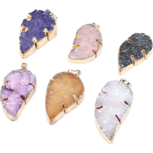 Natural Druzy Agates Pendant Necklace Charms Leaf Shape Agates Pendant for Jewelry Making DIY Necklace Size 23x35-25x40mm