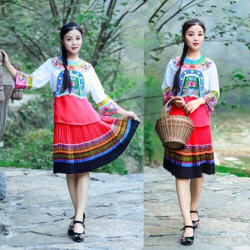 Hmong Clothes Spring Summer Ethnic Minority Clothing Embroidery Rose Red Short Skirt Photography Photo Workwear Miao Clothing